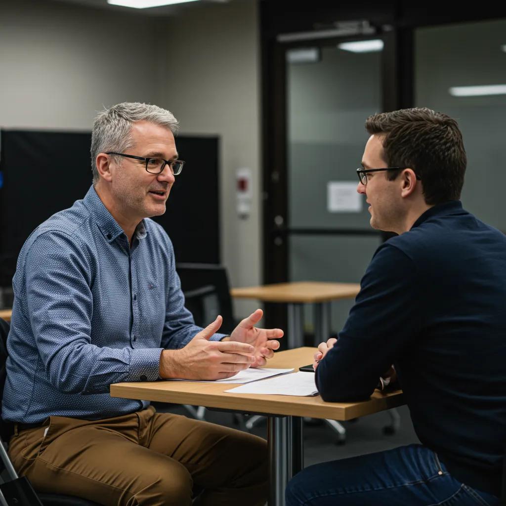 A leader and a team member in a deep, meaningful conversation, illustrating strong empathy and active listening skills